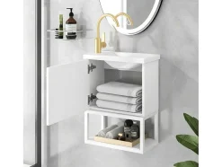 Hangend Badkamermeubel Met Ingebouwde Wastafel - 1 Deur En 1 Open Metalen Plank - Wit (Kraan Niet Inbegrepen)