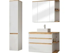 Hangend Badkamermeubel Met Wastafel, Zuil En Spiegelkast - Naturel En Wit - 94 Cm - Anid