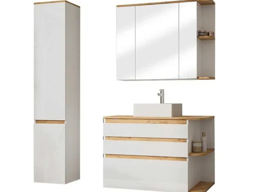 Hangend Badkamermeubel Met Wastafel, Zuil En Spiegelkast - Naturel En Wit - 94 Cm - Anid