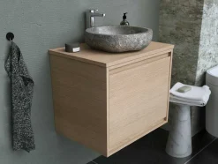 Hangend Badkamermeubel Met Opzet Wastafel Van Steen - Eiken Fineer - 60 Cm - Mesliva