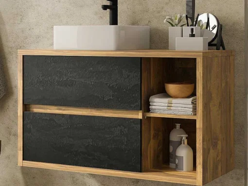 Hangend Badkamermeubel Met Enkele Wastafel - Naturel En Antraciet - 100 Cm - Tikitiki