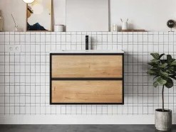 Hangend Badkamermeubel Met Ingebouwde Wastafel - Licht Naturel En Zwart - 80 Cm - Lannick
