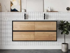 Hangend Badkamermeubel Met Inbouwwastafel - Lichte Naturel En Zwart - 120 Cm - Lannick
