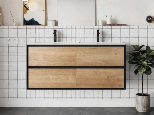 Hangend Badkamermeubel Met Inbouwwastafel - Lichte Naturel En Zwart - 120 Cm - Lannick