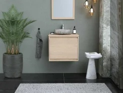 Hangend Badkamermeubel Met Opzet Wastafel Van Steen - Eiken Fineer - 60 Cm - Mesliva