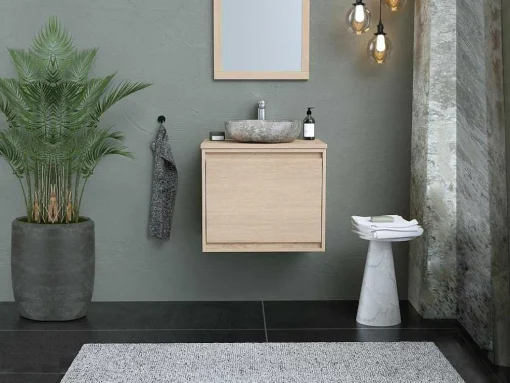 Hangend Badkamermeubel Met Opzet Wastafel Van Steen - Eiken Fineer - 60 Cm - Mesliva