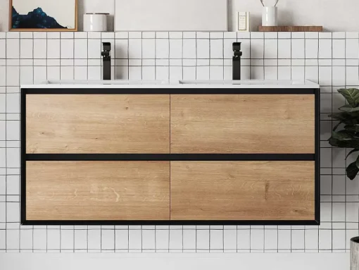Hangend Badkamermeubel Met Inbouwwastafel - Lichte Naturel En Zwart - 120 Cm - Lannick