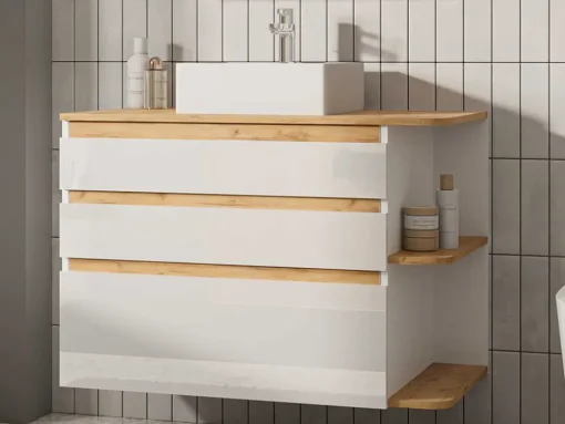 Hangend Badkamermeubel Met Wastafel - Naturel En Wit - 96 Cm - Anida