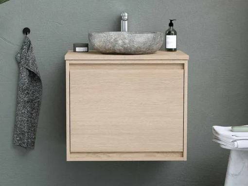 Hangend Badkamermeubel Met Opzet Wastafel Van Steen - Eiken Fineer - 60 Cm - Mesliva