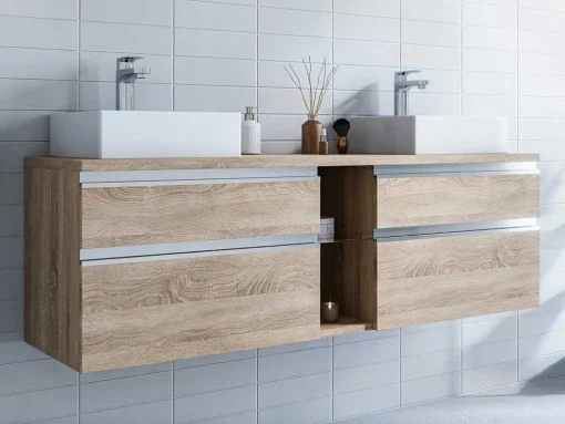 Hangend Badkamermeubel Met Dubbele Wastafel - Natuurlijk Licht Kleur - 150 Cm - Magdalena Ii
