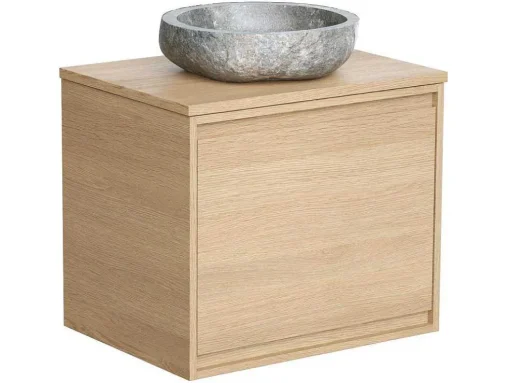Hangend Badkamermeubel Met Opzet Wastafel Van Steen - Eiken Fineer - 60 Cm - Mesliva