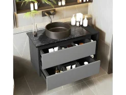 Hangend Badkamermeubel Met Keramische Wastafel En 2 Laden - Marmeren Bladen L 80Cm - Modern Design - Grijs (Kraan Niet Inbegrepen)