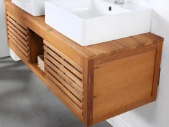 Hangend Badkamermeubel Van Acaciahout Met Dubbele Wastafel En Spiegels - 130 Cm - Penebel