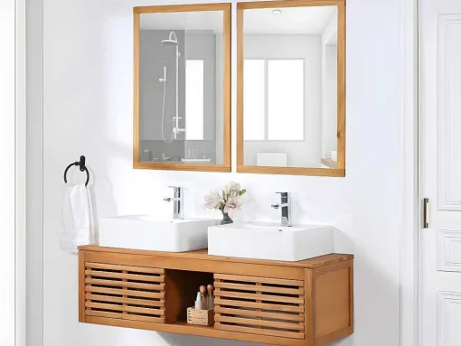 Hangend Badkamermeubel Van Acaciahout Met Dubbele Wastafel En Spiegels - 130 Cm - Penebel