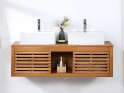 Hangend Badkamermeubel Van Acaciahout Met Dubbele Wastafel - 130 Cm - Penebel