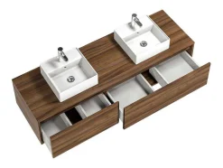 Hangend Badmeubel Met Donker Natuurlijke Kleur En Dubbele Wastafel - L150 Cm - Isaure Ii