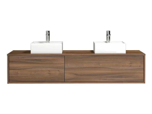 Hangend Badmeubel Met Donker Natuurlijke Kleur En Dubbele Wastafel - L150 Cm - Isaure Ii