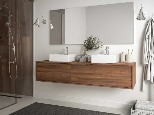 Hangend Badmeubel Met Donker Natuurlijke Kleur En Dubbele Wastafel - L150 Cm - Isaure Ii