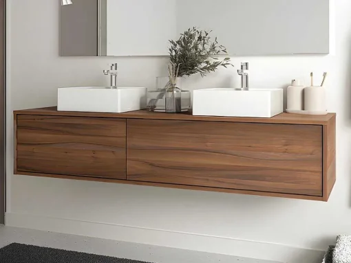 Hangend Badmeubel Met Donker Natuurlijke Kleur En Dubbele Wastafel - L150 Cm - Isaure Ii