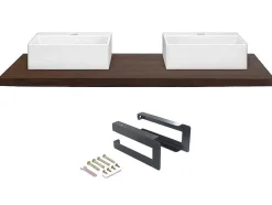 Hangend Bureau Van Donker Teakhout Met Zwarte Beugels En Dubbele Wastafel - 150 X 50 Cm - Sukawati