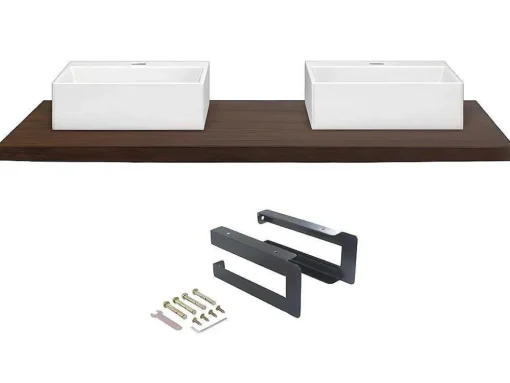 Hangend Bureau Van Donker Teakhout Met Zwarte Beugels En Dubbele Wastafel - 150 X 50 Cm - Sukawati