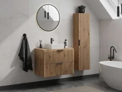 Hangend Geribbeld Badkamermeubel Met Wastafel Om Te Plaatsen - Licht Naturel - 80 Cm - Zevara
