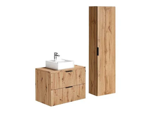 Hangend Geribbeld Badkamermeubel Met Wastafel Om Te Plaatsen - Licht Naturel - 80 Cm - Zevara