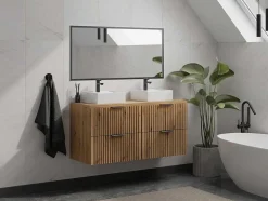 Hangend, Geribbeld Wastafelmeubel Met Opzetwastafel - Lichte Houtlook - L120 Cm - Zevara