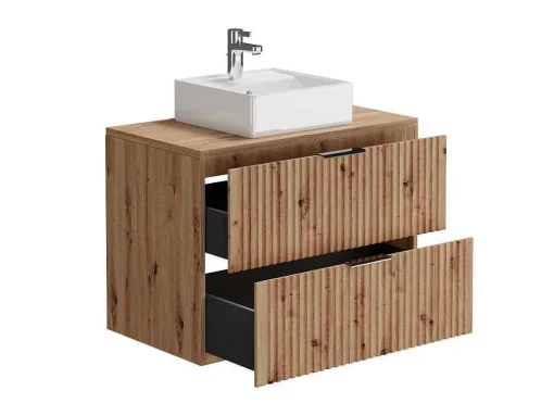 Hangend, Geribbeld Wastafelmeubel Met Opzetwastafel - Lichte Houtlook - L80 Cm - Zevara