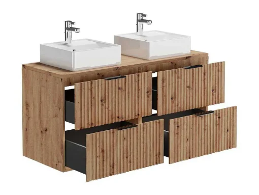 Hangend, Geribbeld Wastafelmeubel Met Opzetwastafel - Lichte Houtlook - L120 Cm - Zevara