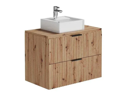 Hangend, Geribbeld Wastafelmeubel Met Opzetwastafel - Lichte Houtlook - L80 Cm - Zevara