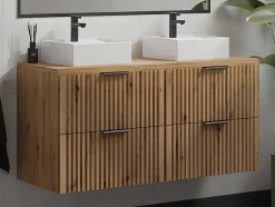 Hangend, Geribbeld Wastafelmeubel Met Opzetwastafel - Lichte Houtlook - L120 Cm - Zevara