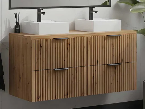 Hangend, Geribbeld Wastafelmeubel Met Opzetwastafel - Lichte Houtlook - L120 Cm - Zevara