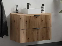 Hangend, Geribbeld Wastafelmeubel Met Opzetwastafel - Lichte Houtlook - L80 Cm - Zevara