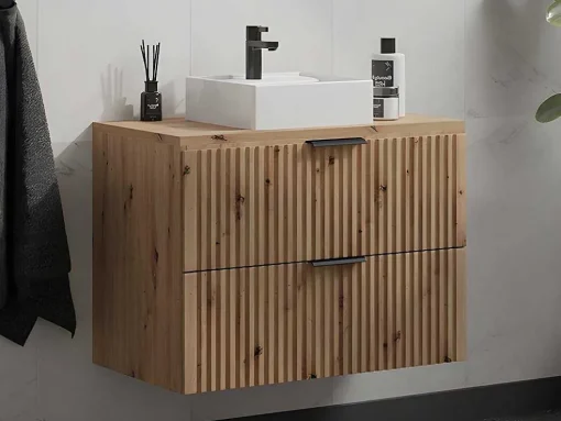 Hangend, Geribbeld Wastafelmeubel Met Opzetwastafel - Lichte Houtlook - L80 Cm - Zevara