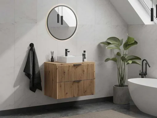 Hangend, Geribbeld Wastafelmeubel Met Opzetwastafel - Lichte Houtlook - L80 Cm - Zevara