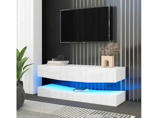 Hangend Tv-Meubel - Glanzend Gelakt - Led'S - Spaanplaat - Wit