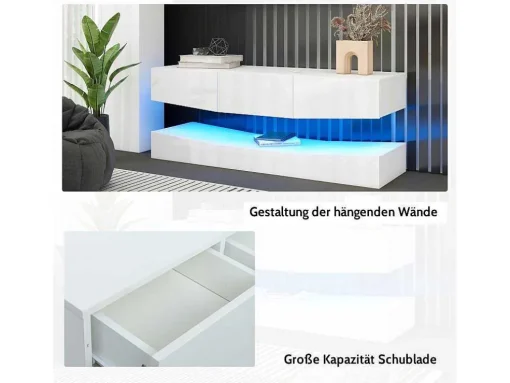 Hangend Tv-Meubel - Glanzend Gelakt - Led'S - Spaanplaat - Wit