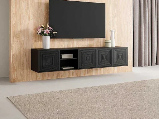 Hangend Tv-Meubel Met 4 Deuren En 2 Nissen Van Mdf - Zwart - Mezulia