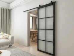 Hangende Schuifdeur H205 X L83 Cm Van Aluminium En Transparant Gehard Glas Wilden
