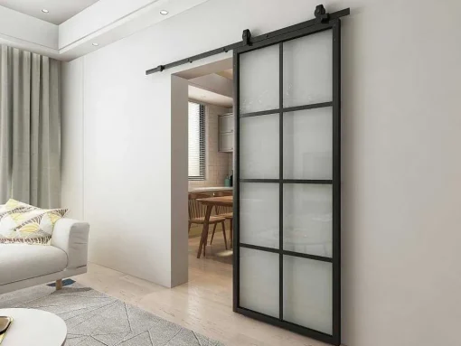 Hangende Schuifdeur H205 X L83 Cm Van Aluminium En Transparant Gehard Glas Wilden