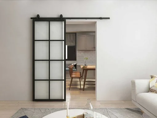 Hangende Schuifdeur H205 X L83 Cm Van Aluminium En Transparant Gehard Glas Wilden