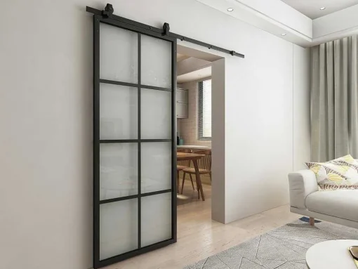 Hangende Schuifdeur H205 X L83 Cm Van Aluminium En Transparant Gehard Glas Wilden