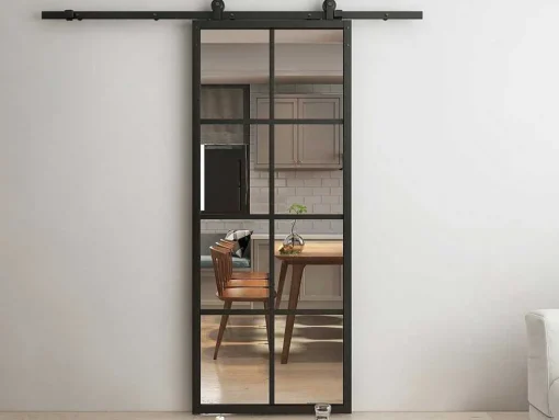 Hangende Schuifdeur H205 X L83 Cm Van Aluminium En Transparant Gehard Glas Wilden