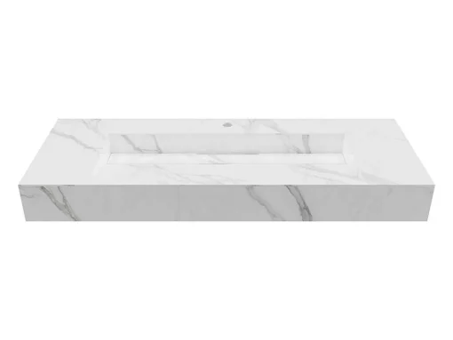 Hangende Solid Surface Wastafel In Wit Marmer Effect Takotna - L.120.2 X B.45.2 X H.8 Cm