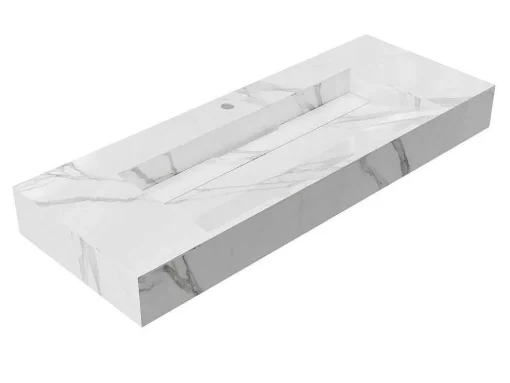 Hangende Solid Surface Wastafel In Wit Marmer Effect Takotna - L.120.2 X B.45.2 X H.8 Cm