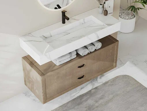 Hangende Solid Surface Wastafel In Wit Marmer Effect Takotna - L.120.2 X B.45.2 X H.8 Cm
