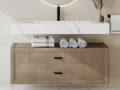Hangende Solid Surface Wastafel In Wit Marmer Effect Takotna - L.120.2 X B.45.2 X H.8 Cm