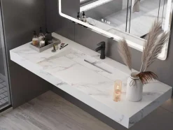 Hangende Solid Surface Wastafel In Wit Marmer Effect Takotna - L.120.2 X B.45.2 X H.8 Cm