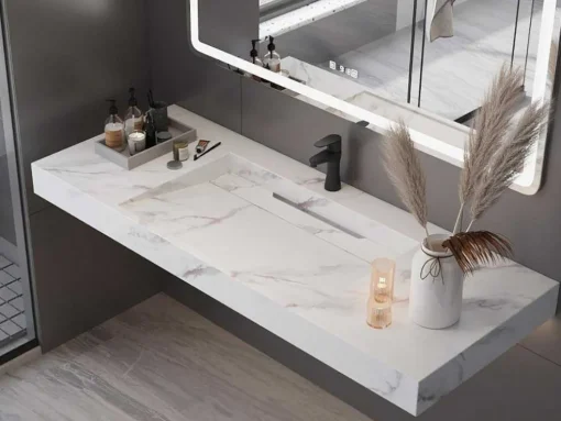 Hangende Solid Surface Wastafel In Wit Marmer Effect Takotna - L.120.2 X B.45.2 X H.8 Cm
